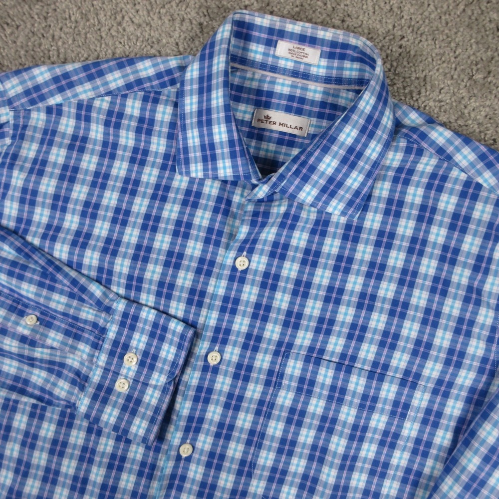 Peter Millar Shirt Mens Large Blue Plaid Twill Cotton Casual Button Up Pocket